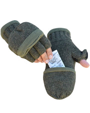 Olive Heated Ragg Wool Mitten Glove- Shows handwarmer inserted into pocket in glove